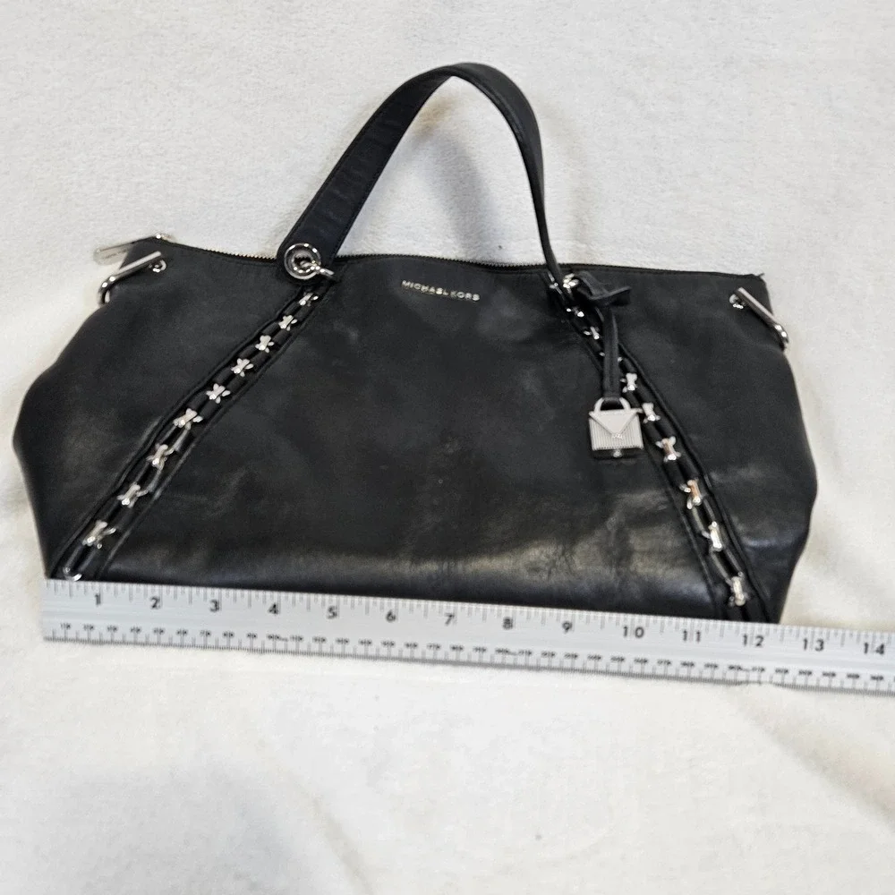 Michael Kors Black Leather Chain Trim Satchel‎ Crossbody Bag Silver Hardware